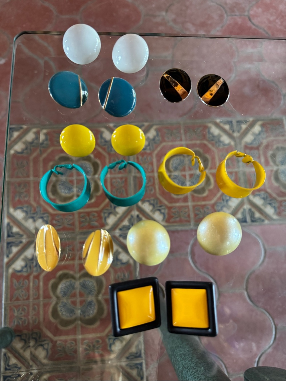 Vintage 1980s Earrings Large Clip On Metal And Plastic Metal Hoops Fun Group!